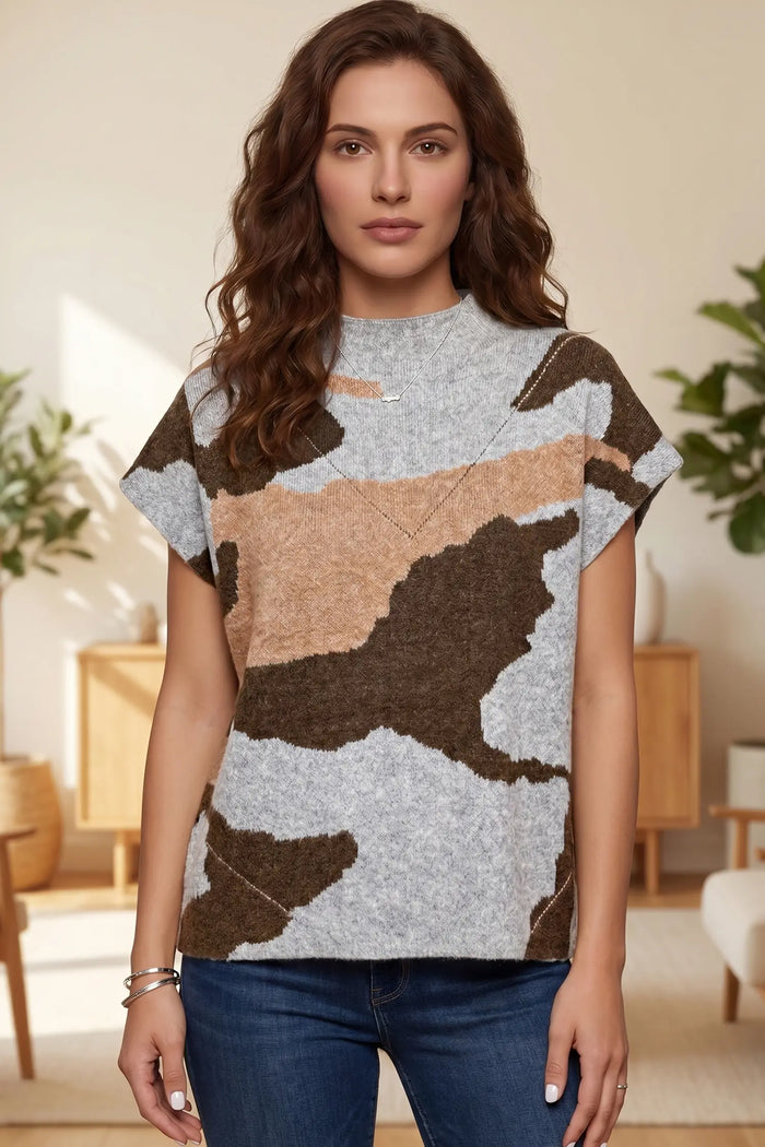 Camouflage Pattern Drop Shoulder High Neck Short Sleeve Shift Sweater – Gray