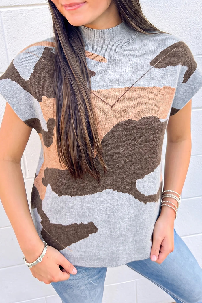 Camouflage Pattern Drop Shoulder High Neck Short Sleeve Shift Sweater – Gray