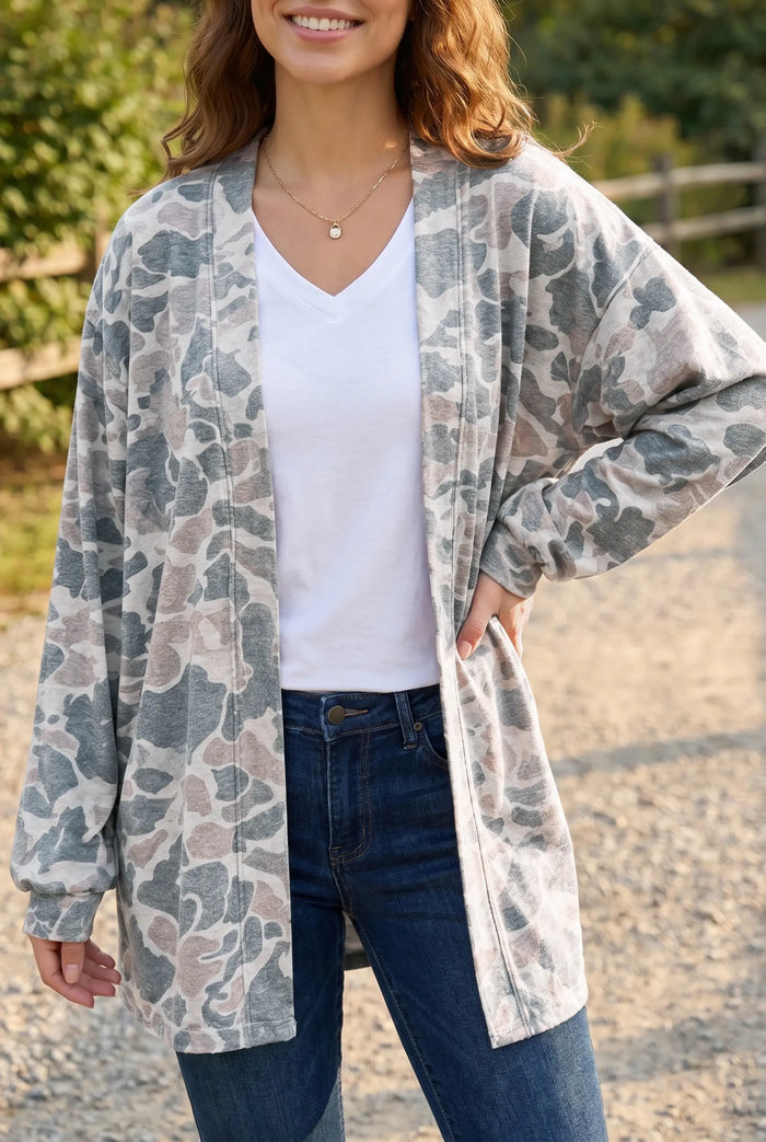 Camouflage Print Long Sleeve Open Front Tunic Cardigan – Multicolour
