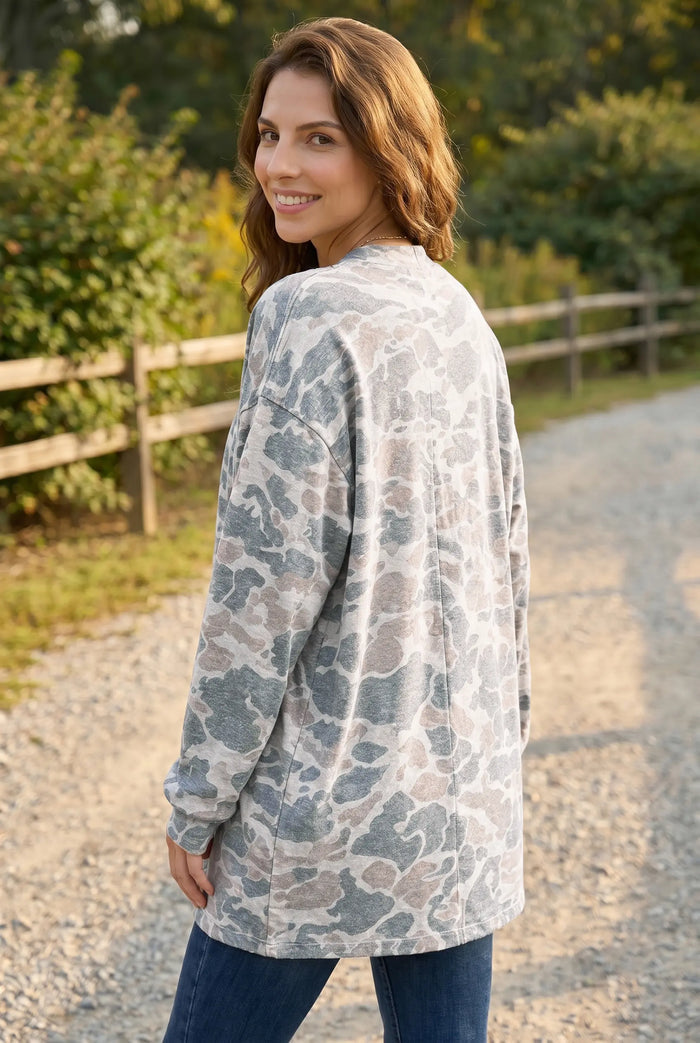 Camouflage Print Long Sleeve Open Front Tunic Cardigan – Multicolour