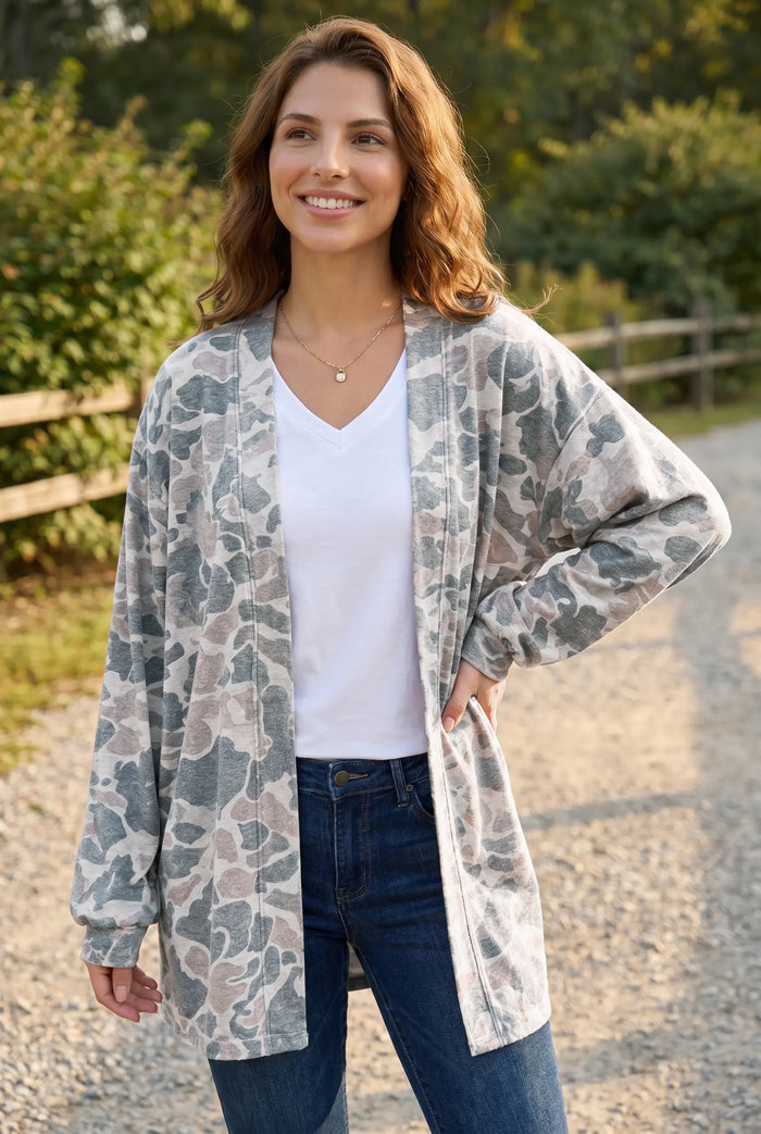 Camouflage Print Long Sleeve Open Front Tunic Cardigan – Multicolour