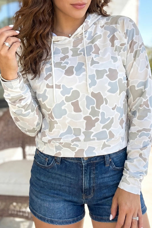Camouflage Print Relaxed Drawstring Hoodie – Beige