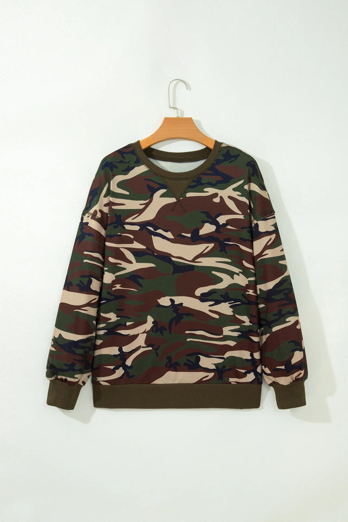 Camouflage Print Round Neck Baggy Pullover Sweatshirt – Multicolour