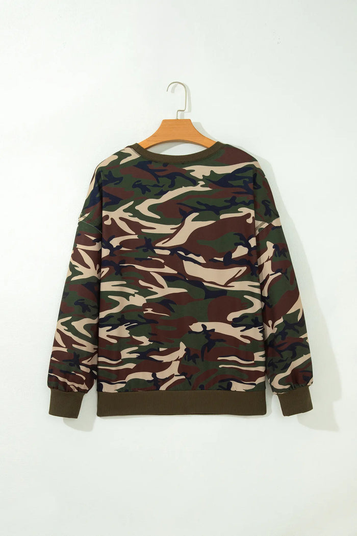 Camouflage Print Round Neck Baggy Pullover Sweatshirt – Multicolour
