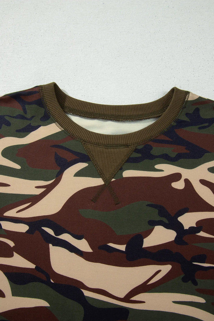 Camouflage Print Round Neck Baggy Pullover Sweatshirt – Multicolour