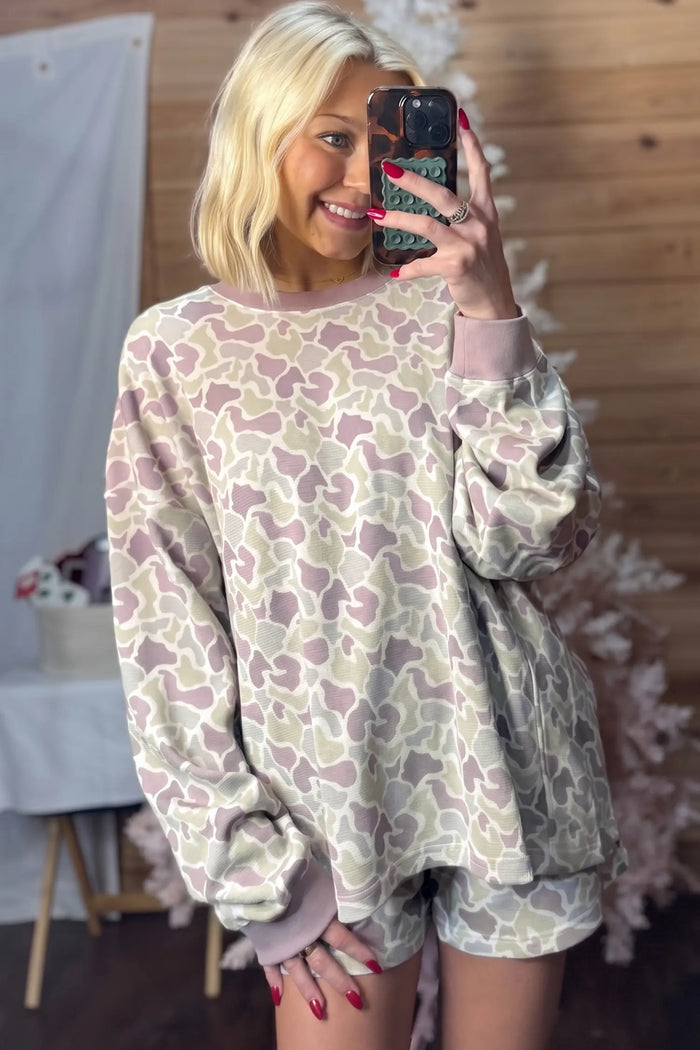 Camouflage Waffle Knit Long Sleeve Top Casual Shorts Set – Green