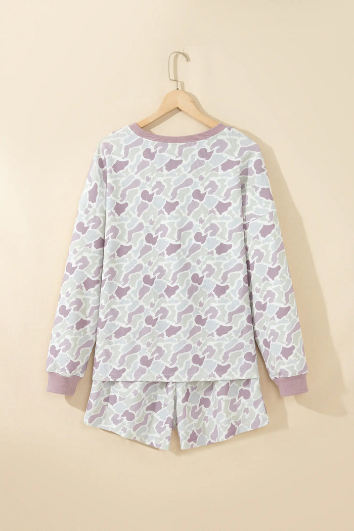 Camouflage Waffle Knit Long Sleeve Top Casual Shorts Set – Green