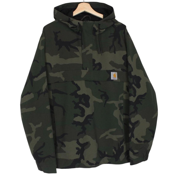 Carhartt camouflage hooded pullover jacket with logo and durable material.