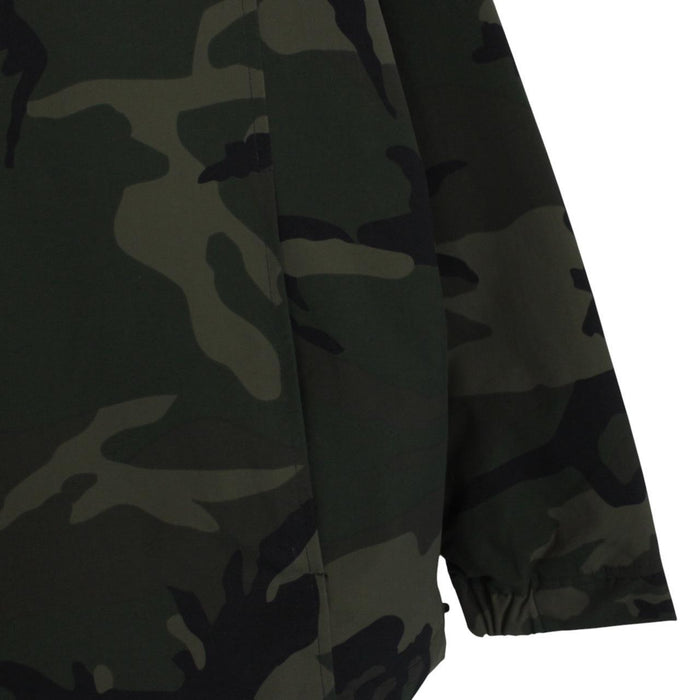 Carhartt camouflage hooded pullover jacket with logo and durable material.
