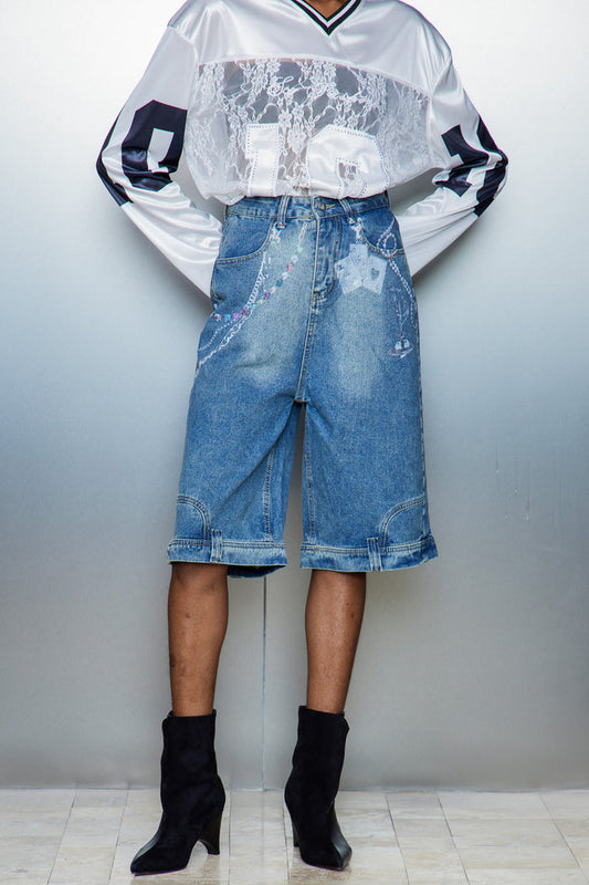 Cassia Chain Print Midi Jeans In Blue
