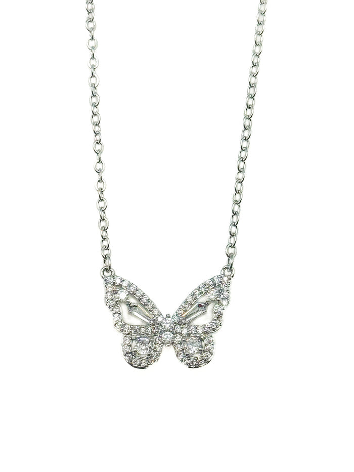 Butterfly pendant necklace with pavé stone detailing on a fine chain against a white background
