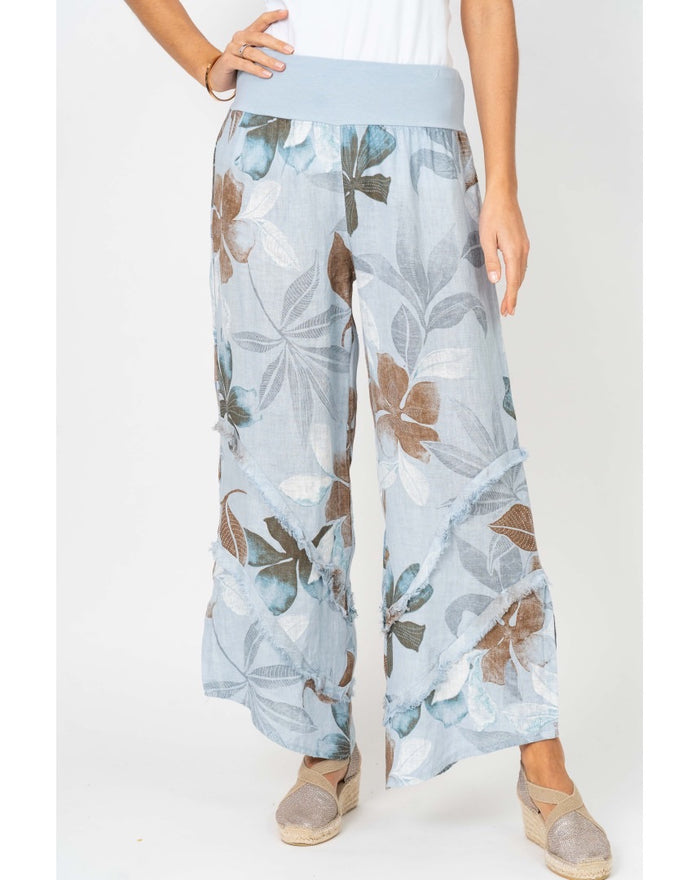 Catherine Linen Pants in Light Blue Floral on model. front view