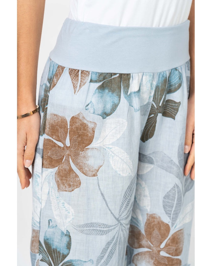Catherine Linen Pants in Light Blue Floral waist band
