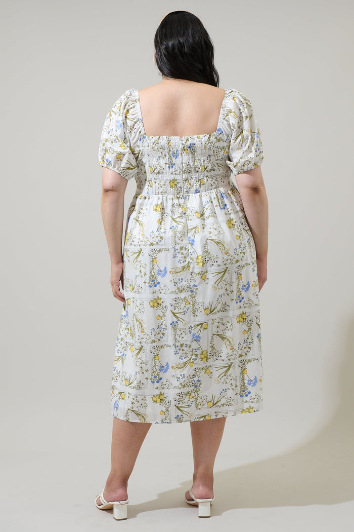 Cecily Floral Alessi Puff Sleeve Midi Dress Curve