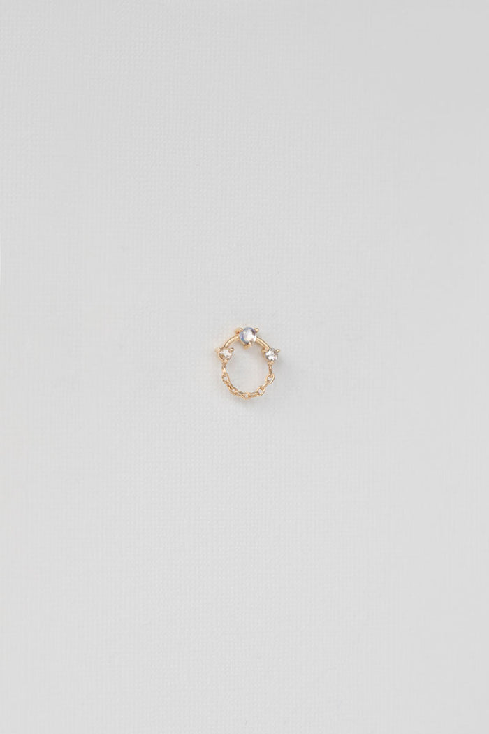 Chain Circle Single Earring - Moonstone & Two White Diamonds 14k Yellow Gold
