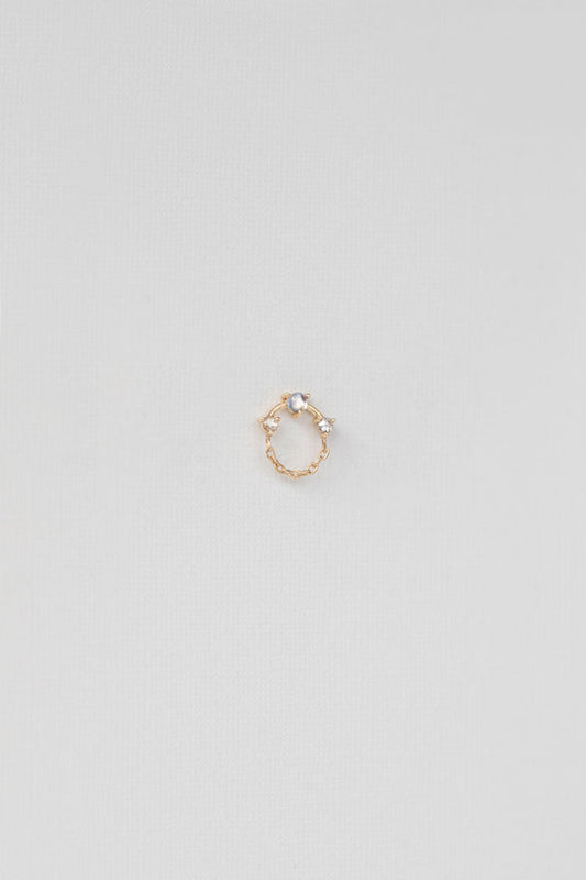 Chain Circle Single Earring - Moonstone & Two White Diamonds 14k Yellow Gold