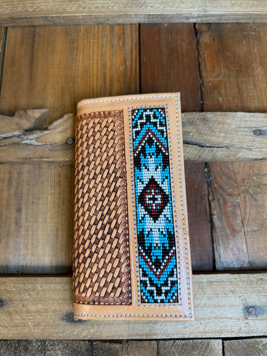 Challenger Men's Western Basket Weave Tooled Leather Beaded Wallet