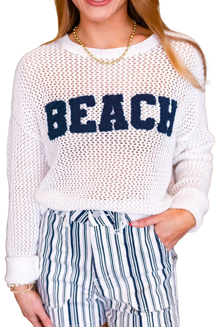 Chenille BEACH Lettering Hollow Out Knit Casual Sweater – White