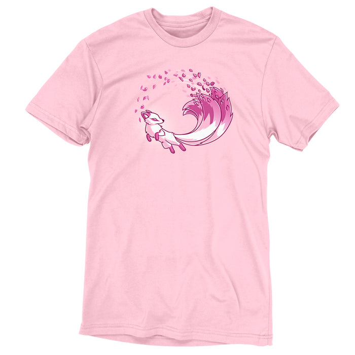 Premium Cotton T-shirt_TeeTurtle light pink Cherry Blossom Kitsune apparel featuring a magical pink kitsune with cherry blossom petals coming from the tails.