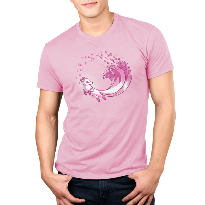 Premium Cotton T-shirt_TeeTurtle light pink Cherry Blossom Kitsune apparel featuring a magical pink kitsune with cherry blossom petals coming from the tails.