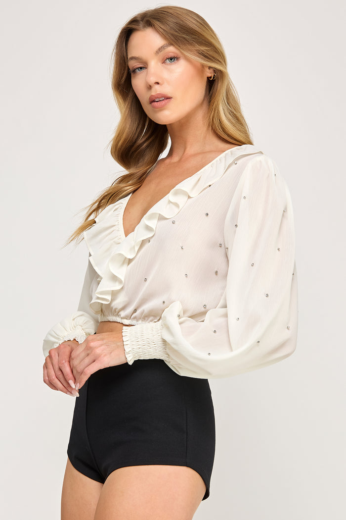 Chiffon Crop Top - Ruffle Surplice Rhinestone