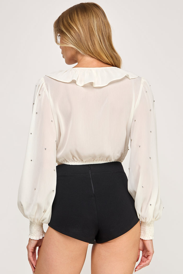 Chiffon Crop Top - Ruffle Surplice Rhinestone