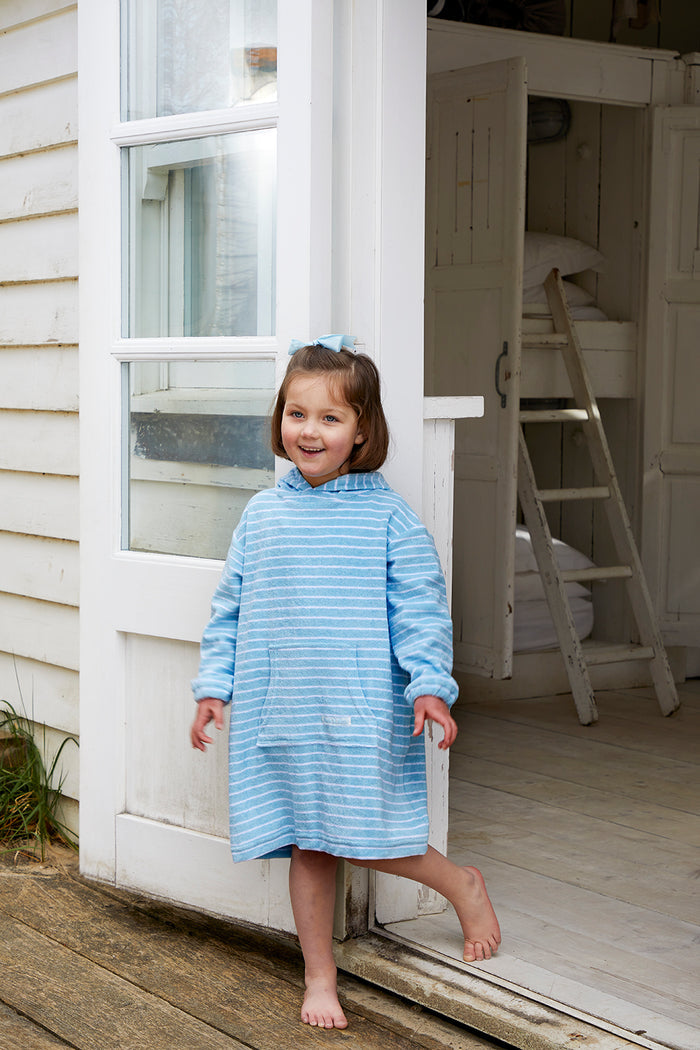Childrens Striped Towelling Hooded Beach Robe | Sky & White