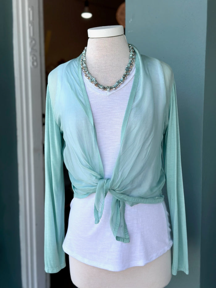 Chloe Italian wrap silk pashmina in sea foam styled at ardor boutique