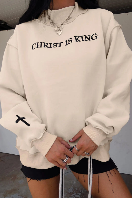 CHRIST IS KING Embroidery High Neck Baggy Sweatshirt – Beige