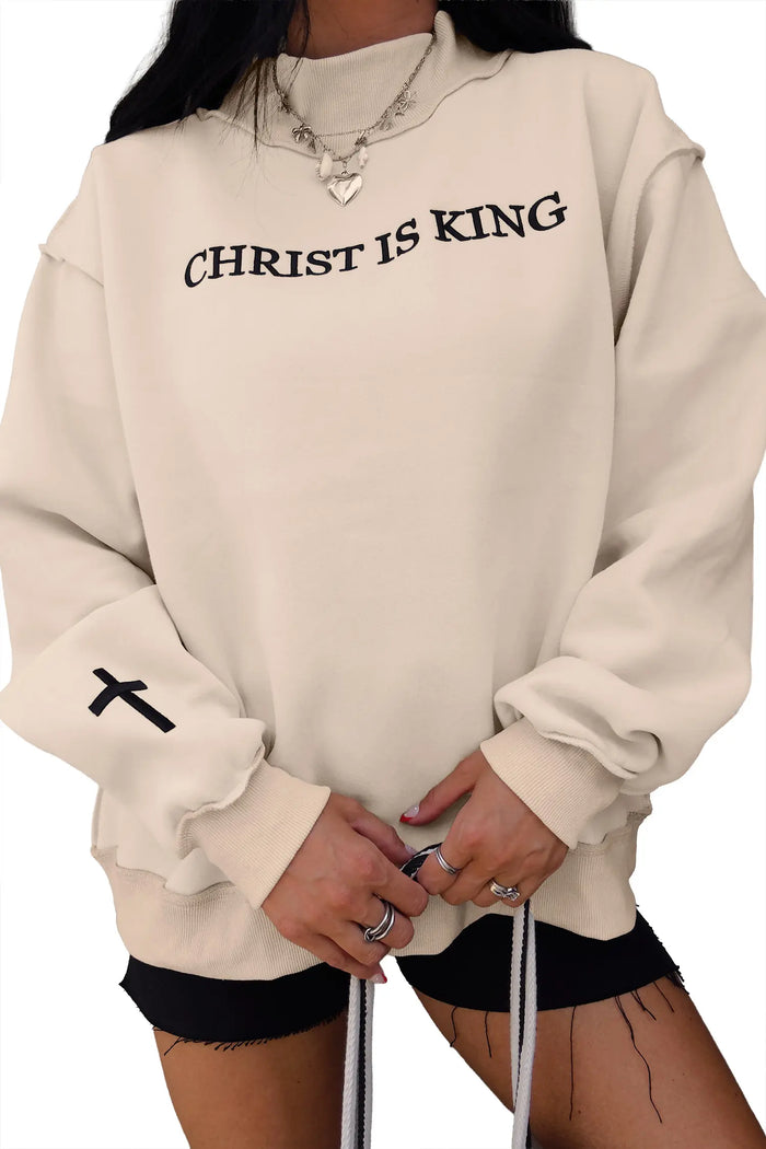 CHRIST IS KING Embroidery High Neck Baggy Sweatshirt – Beige