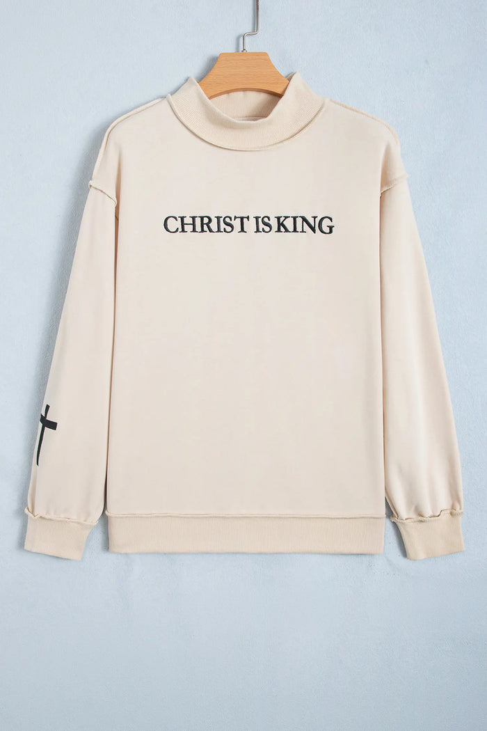 CHRIST IS KING Embroidery High Neck Baggy Sweatshirt – Beige