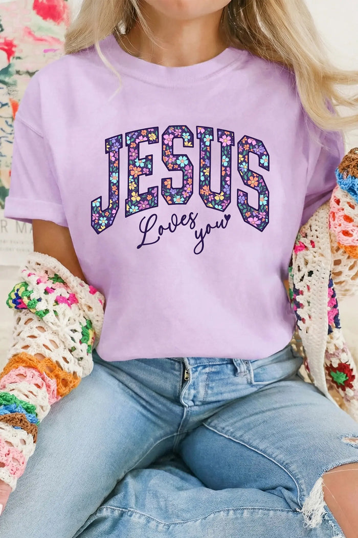 Christian Floral Letter Graphic Round Neck T Shirt – Orchid Petal