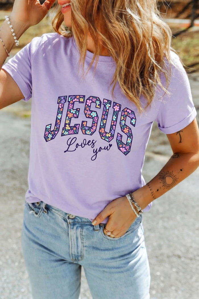 Christian Floral Letter Graphic Round Neck T Shirt – Orchid Petal