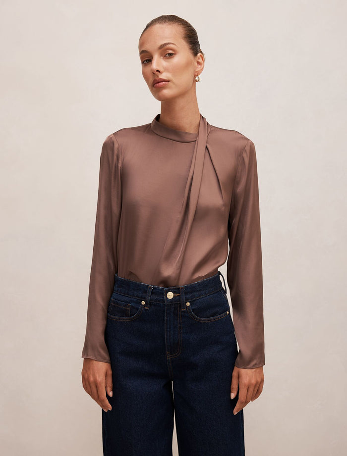 Clara Drape Neck Blouse Mink Forever New