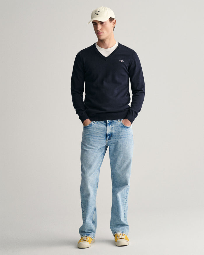 Classic Cotton V-Neck Sweater in Navy