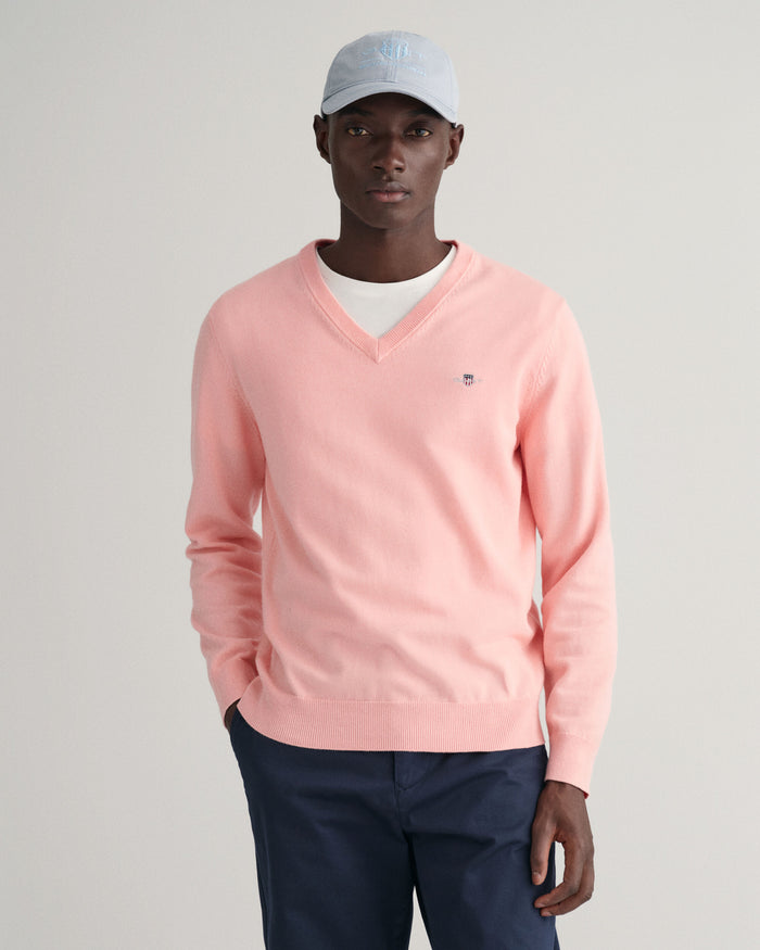 Classic Cotton V-Neck Sweater in Pink