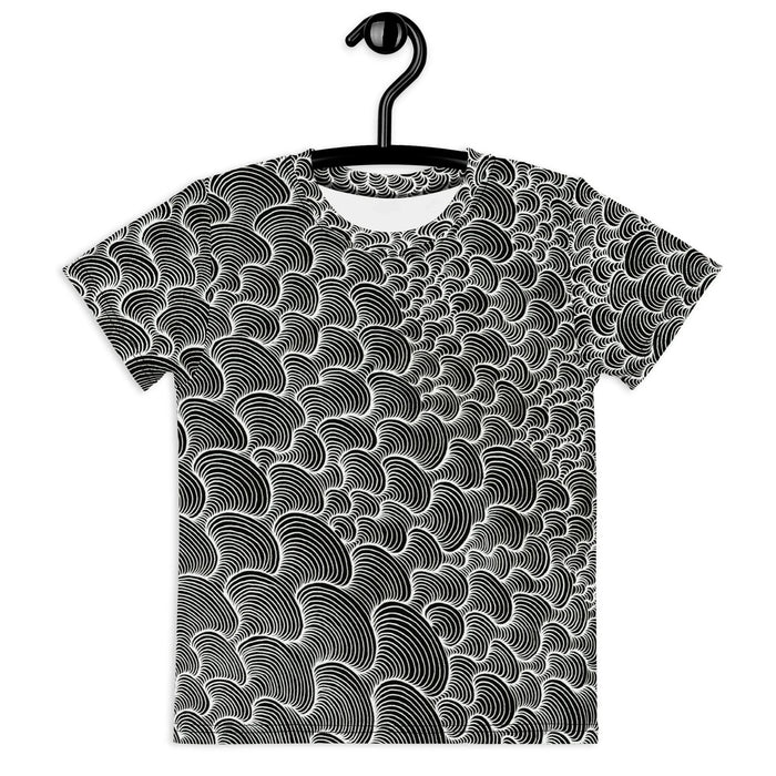 This high-contrast optical art design features a mesmerizing tessellation of overlapping scallops and fan shapes (reminiscent of stylized fish scales or modern Seigaiha waves). Contact us with accessibility feedback, we'd love to help!