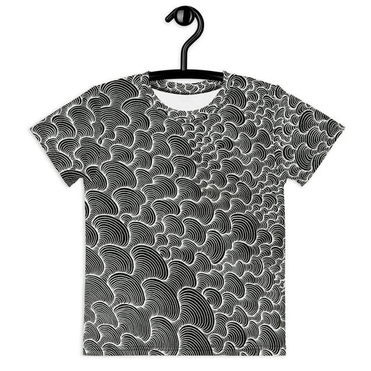 This high-contrast optical art design features a mesmerizing tessellation of overlapping scallops and fan shapes (reminiscent of stylized fish scales or modern Seigaiha waves). Contact us with accessibility feedback, we'd love to help!
