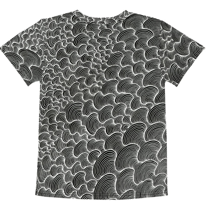 Color Wash Kid's Tee - The vibrating, moiré-like interference created by tight, concentric alabaster arches (#FFFFFF) against the deep obsidian base (#000000).