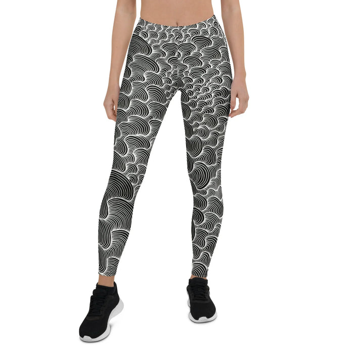Color Wash Leggings - The relentless stacking of concentric obsidian (#000000) and porcelain (#FFFFFF) arcs that mimic a digitized version of the traditional Japanese Seigaiha wave.