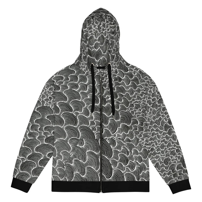Color Wash Men's Zip Hoodie - The hypnotic, non-intersecting black (#000000) flow lines creating a fingerprint-like optical illusion on a stark white (#FFFFFF) field.