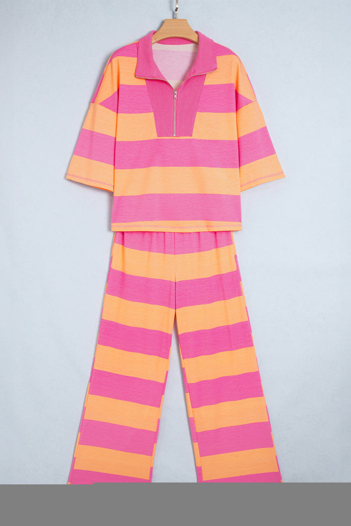 Colorblock Half Sleeve Top Casual Loose Pants 2pcs Set – Orange Stripe