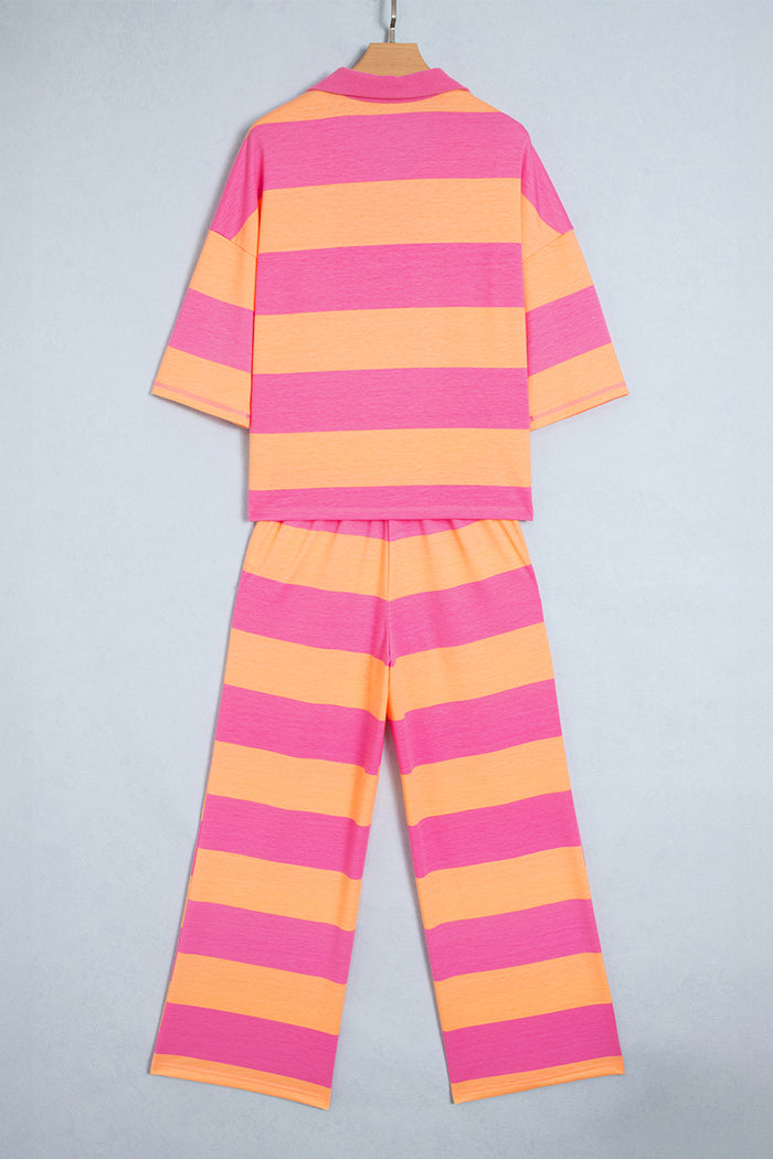 Colorblock Half Sleeve Top Casual Loose Pants 2pcs Set – Orange Stripe