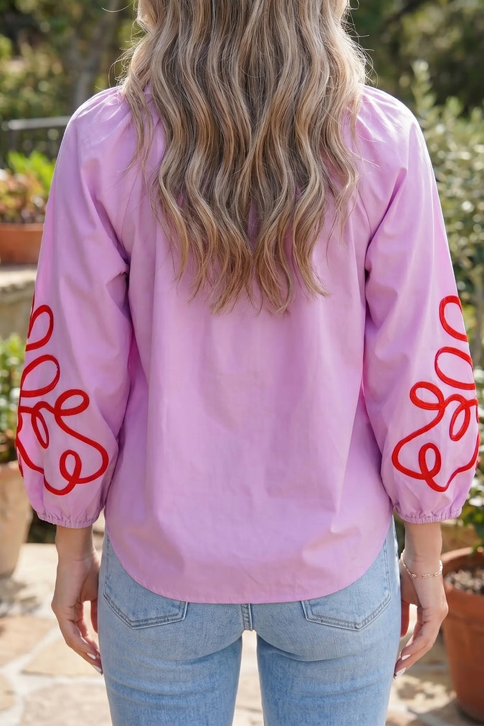 Contrast Detail Long Sleeve Decorative Neckline Cotton Blouse – Orchid Bouquet