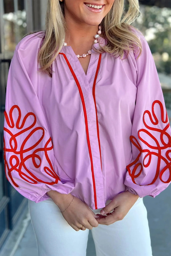 Contrast Detail Long Sleeve Decorative Neckline Cotton Blouse – Orchid Bouquet