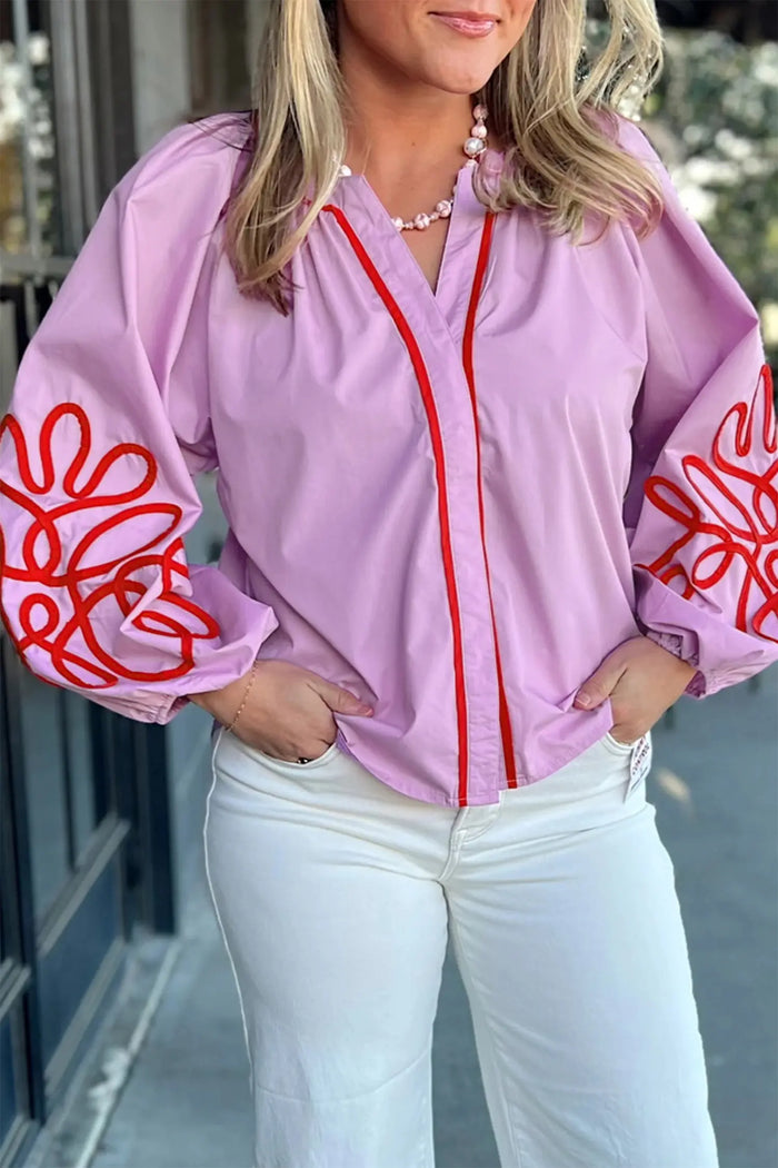 Contrast Detail Long Sleeve Decorative Neckline Cotton Blouse – Orchid Bouquet
