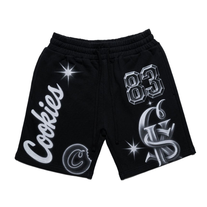 Black Cookies Draft Day shorts, casual athletic sweat shorts with logo details, shown on a hanger.