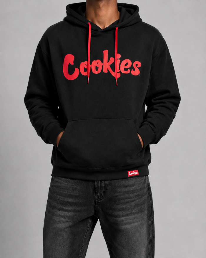 Red and black Cookies Original Mint hoodie with bold logo design, casual fit, and comfortable fabric.