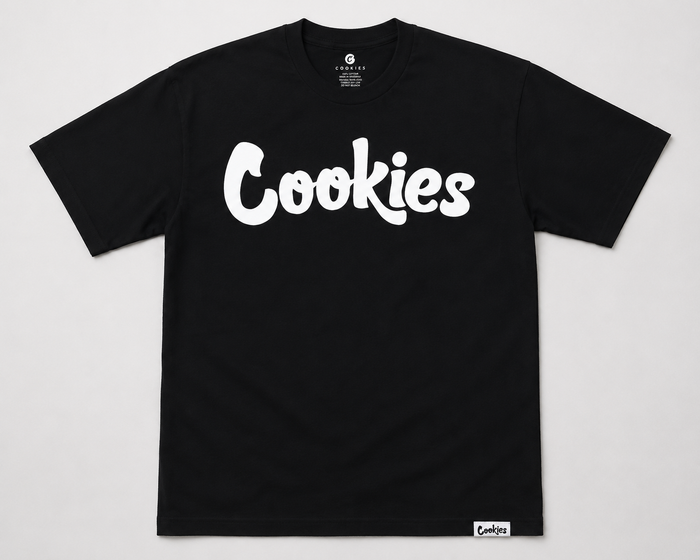 Black and white Cookies Original Mint T-Shirt featuring the Cookies logo, casual graphic tee for fans of streetwear and skate culture.
