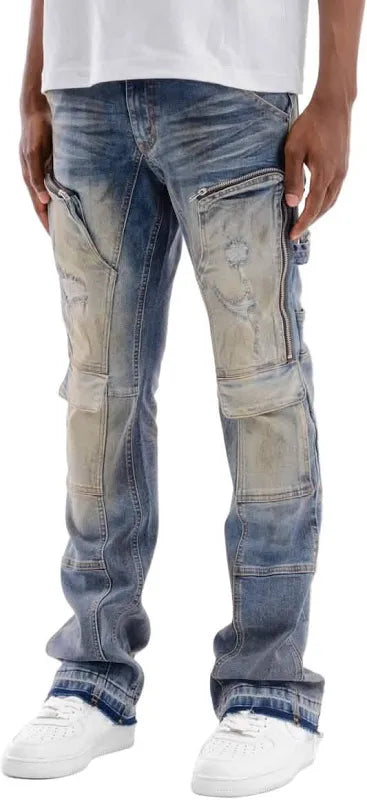 Copper Rivet Carpenter front zipper pocket flare denim jeans showing classic denim fabric and functional zipper pockets.